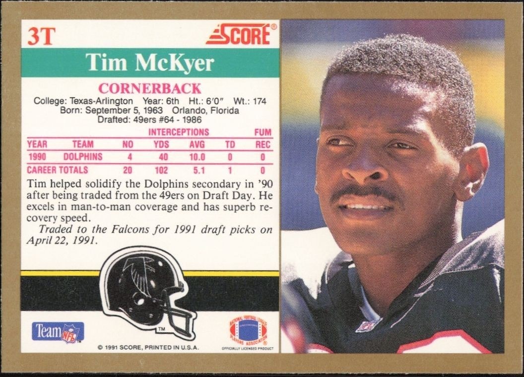 1991 Score Supplemental Tim McKyer #3T football trading card back