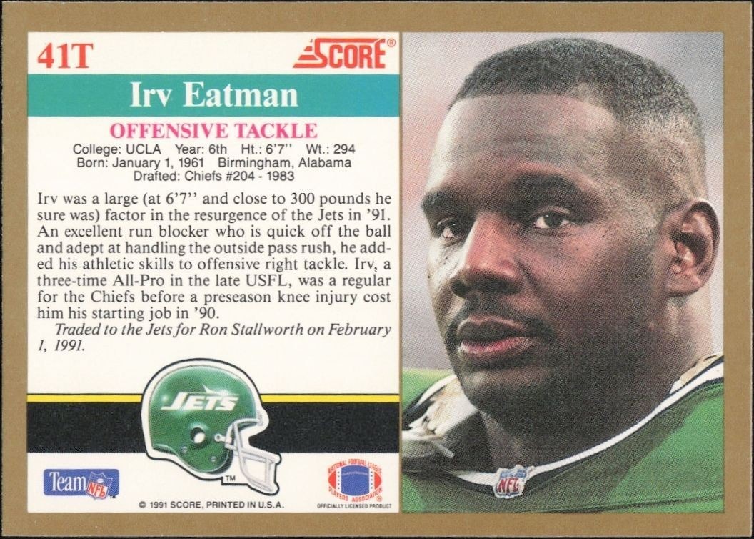 1991 Score Supplemental Irv Eatman #41T football trading card back