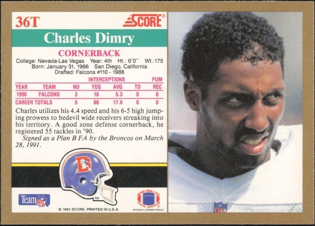 1991 Score Supplemental Charles Dimry #36T football trading card back