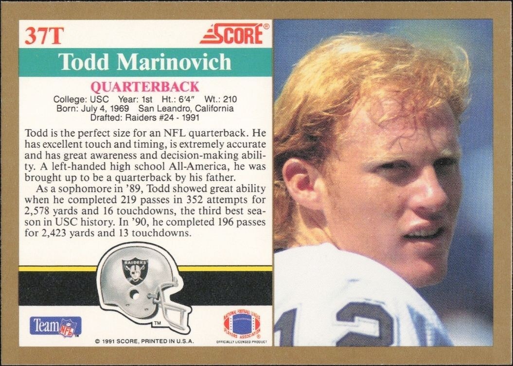 1991 Score Supplemental Todd Marinovich #37T football trading card back