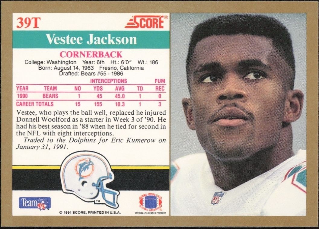1991 Score Supplemental Vestee Jackson #39T football trading card back