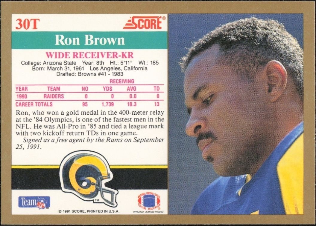 1991 Score Supplemental Ron Brown #30T football trading card back