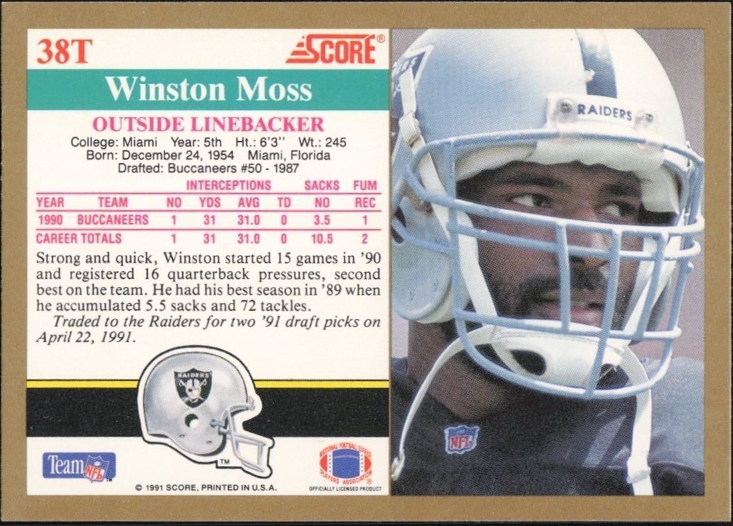 1991 Score Supplemental Winston Moss #38T football trading card back
