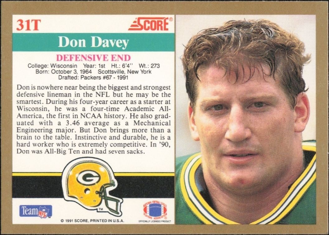 1991 Score Supplemental Don Davey #31T football trading card back