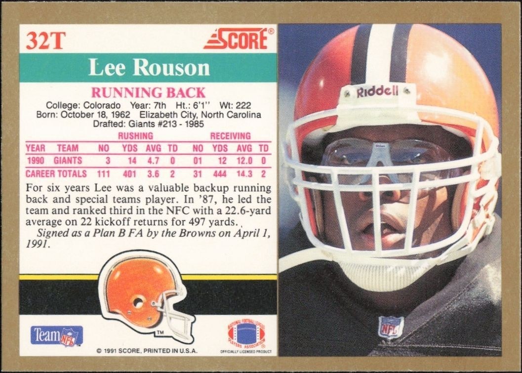 1991 Score Supplemental Lee Rouson #32T football trading card back