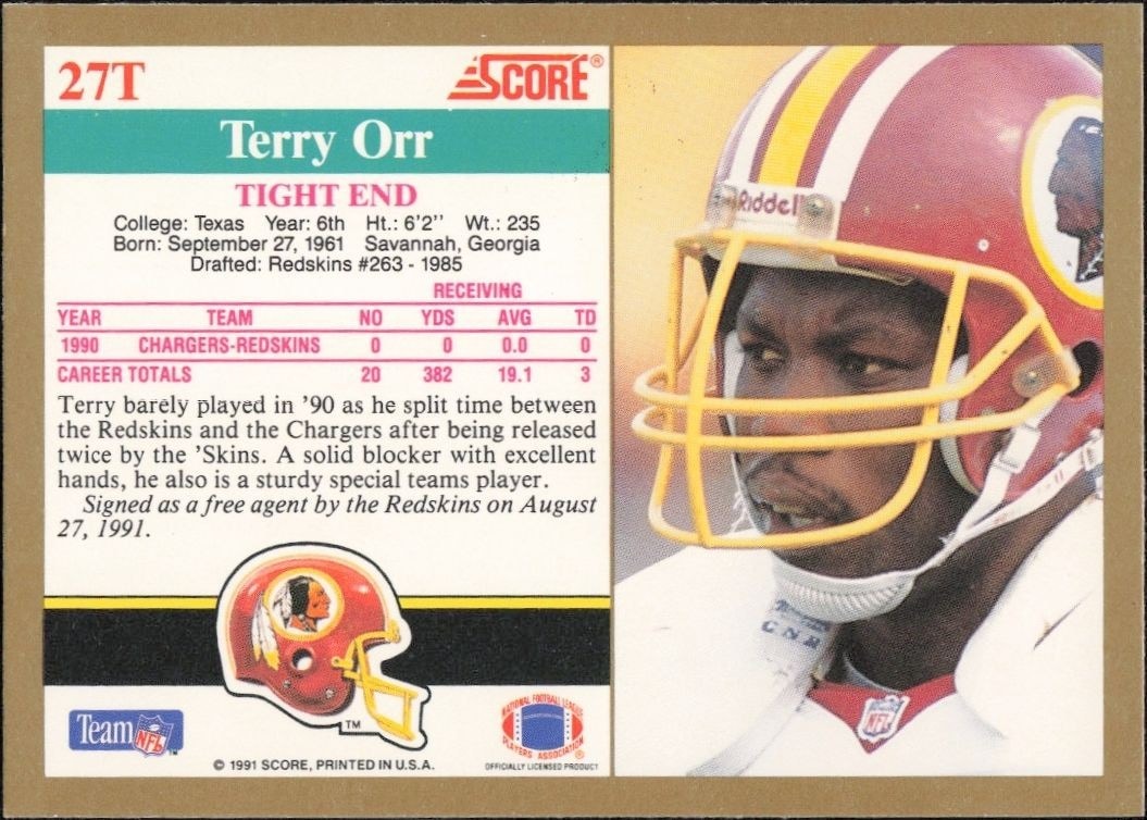 1991 Score Supplemental Terry Orr #27T football trading card back