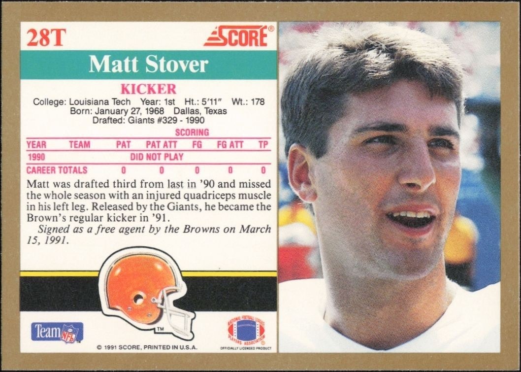 1991 Score Supplemental Matt Stover #28T football trading card back