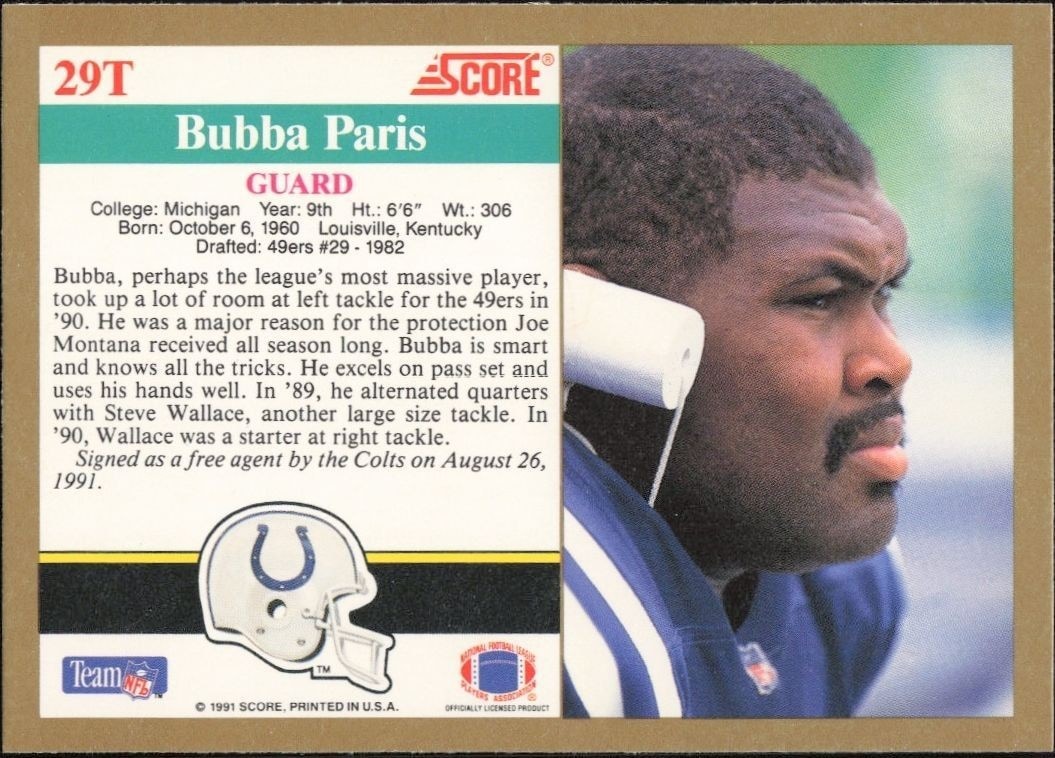 1991 Score Supplemental Bubba Paris #29T football trading card back