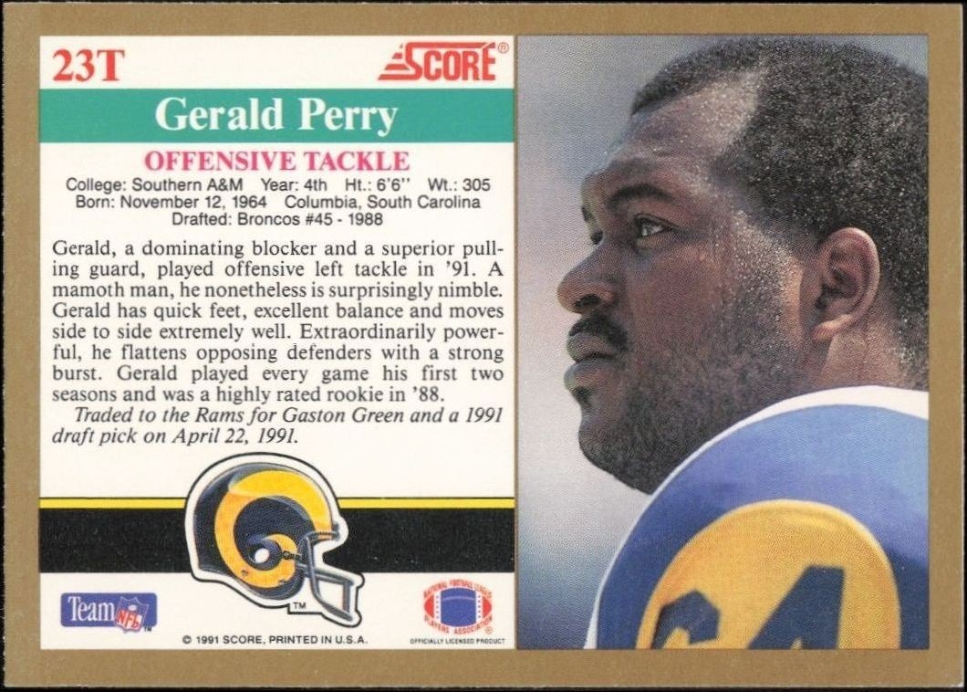 1991 Score Supplemental Gerald Perry #23T football trading card back