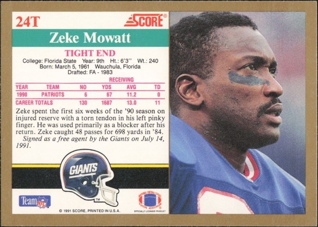 1991 Score Supplemental Zeke Mowatt #24T football trading card back
