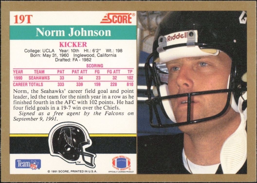 1991 Score Supplemental Norm Johnson #19T football trading card back