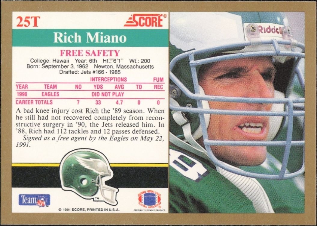 1991 Score Supplemental Rich Miano #25T football trading card back