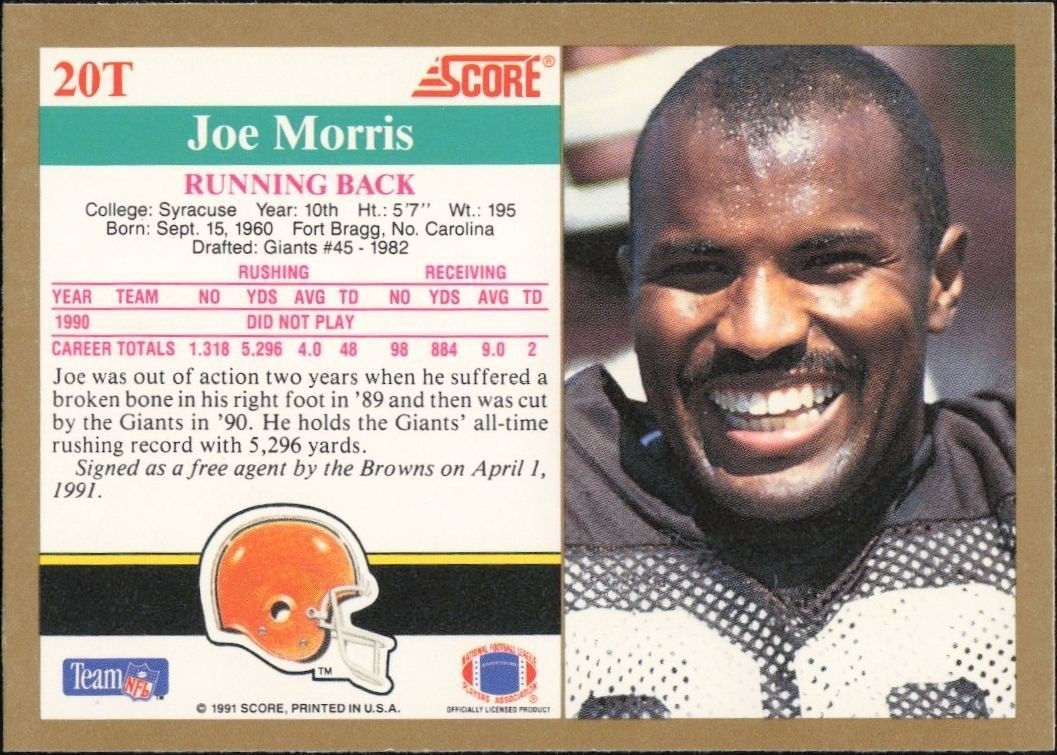 1991 Score Supplemental Joe Morris #20T football trading card back