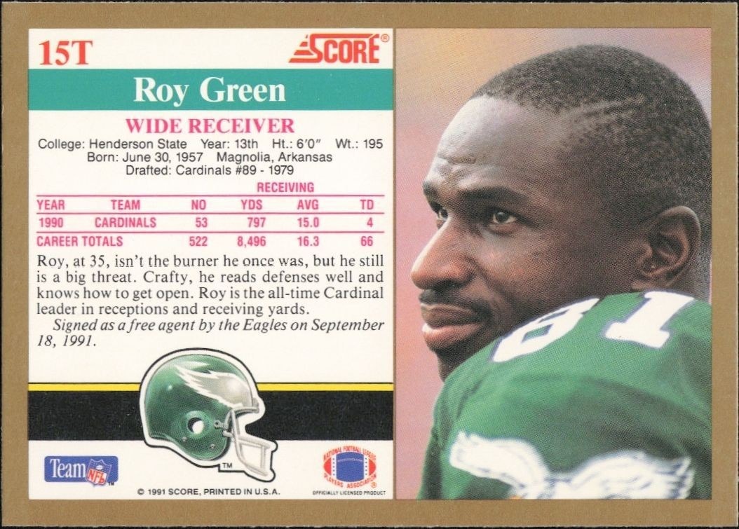 1991 Score Supplemental Roy Green #15T football trading card back