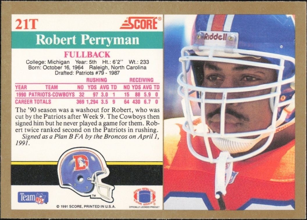 1991 Score Supplemental Robert Perryman #21T football trading card back
