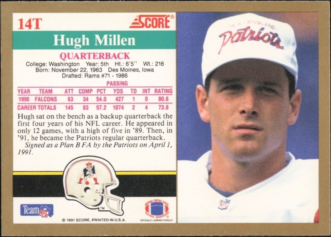 1991 Score Supplemental Hugh Millen #14T football trading card back