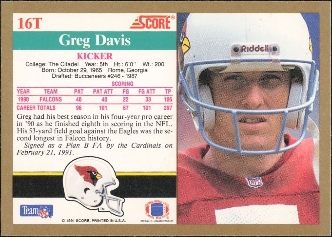 1991 Score Supplemental Greg Davis #16T football trading card back