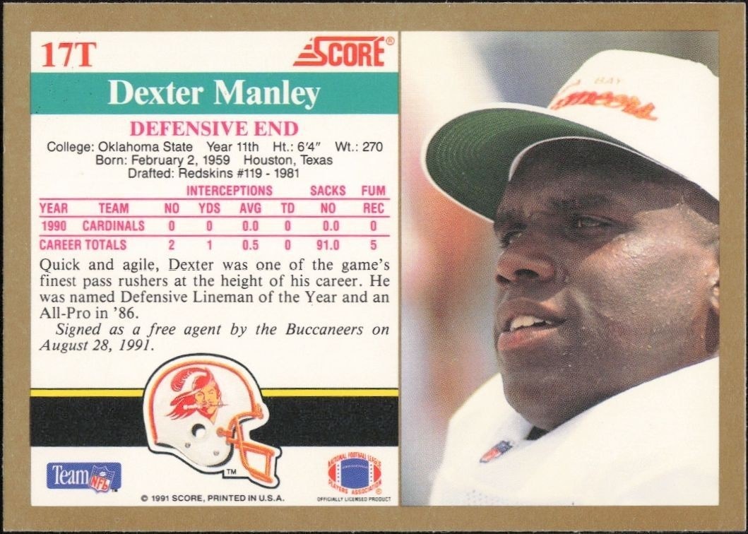1991 Score Supplemental Dexter Manley #17T football trading card back