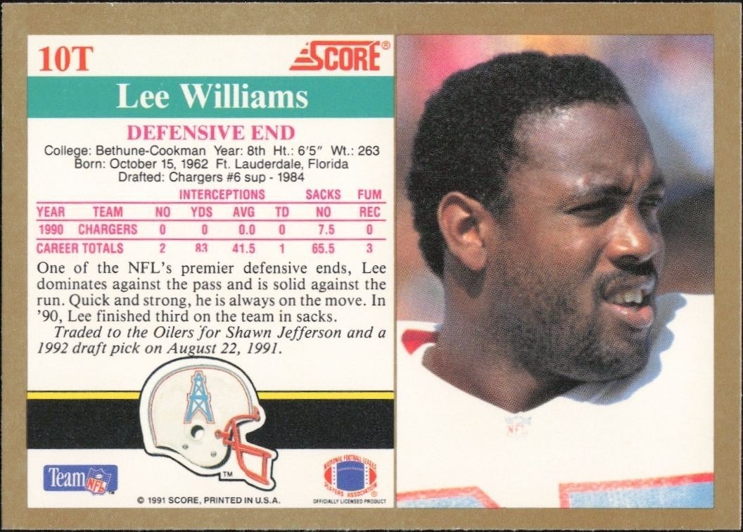 1991 Score Supplemental Lee Williams #10T football trading card back