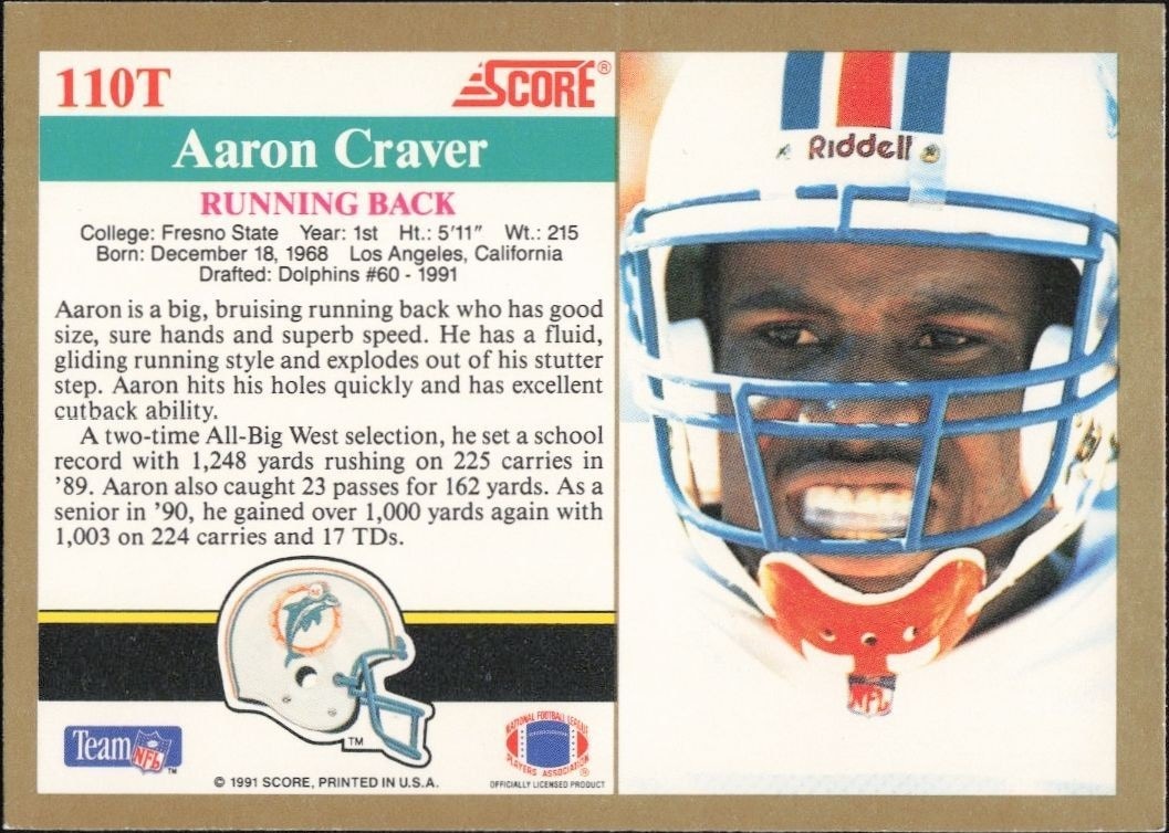 1991 Score Supplemental Aaron Craver #110T football trading card back