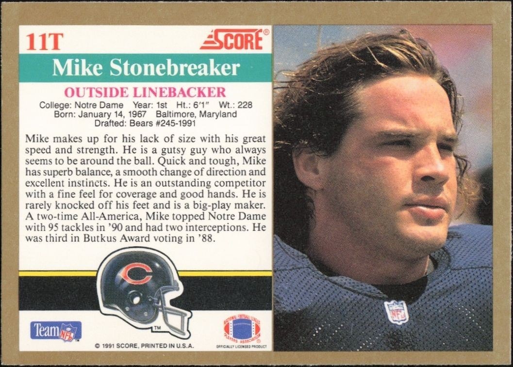 1991 Score Supplemental Mike Stonebreaker #11T football trading card back