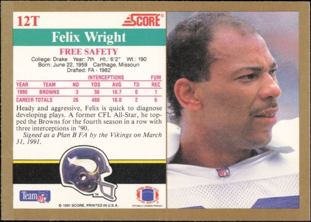 1991 Score Supplemental Felix Wright #12T football trading card back