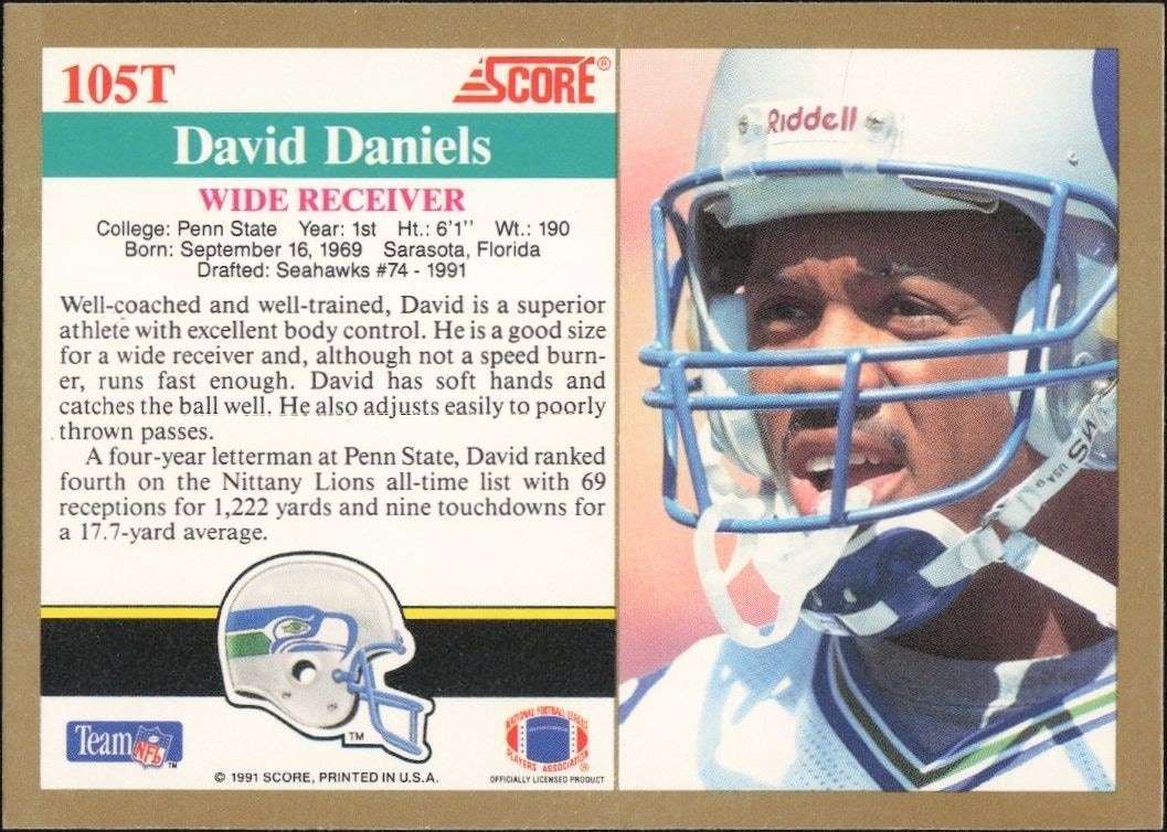 1991 Score Supplemental David Daniels #105T football trading card back