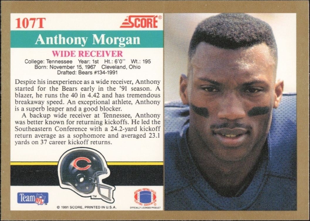 1991 Score Supplemental Anthony Morgan #107T football trading card back