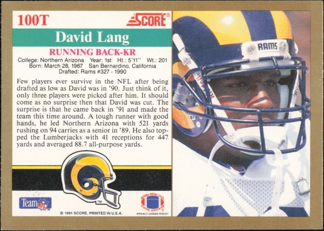 1991 Score Supplemental David Lang #100T football trading card back