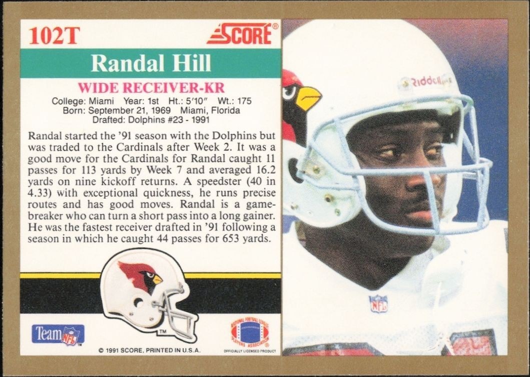 1991 Score Supplemental Randal Hill #102T football trading card back