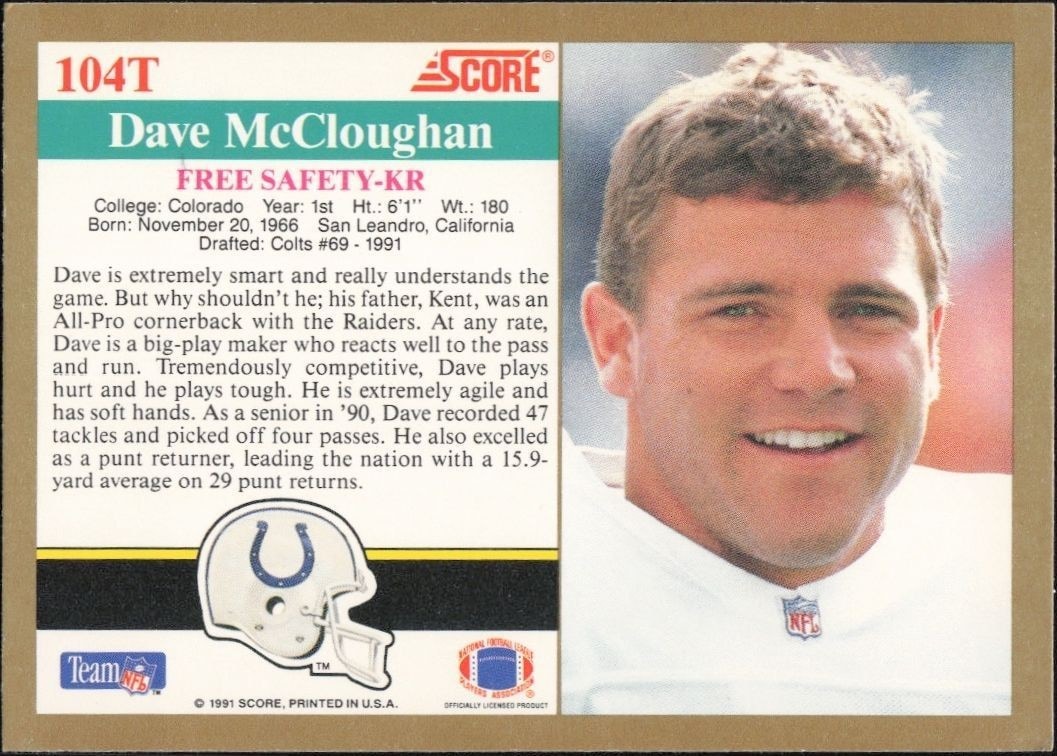1991 Score Supplemental Dave McCloughan #104T football trading card back