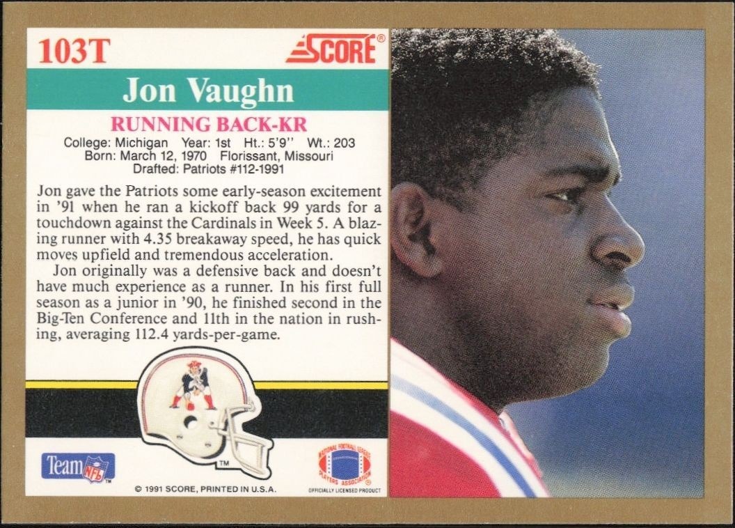 1991 Score Supplemental Jon Vaughn #103T football trading card back