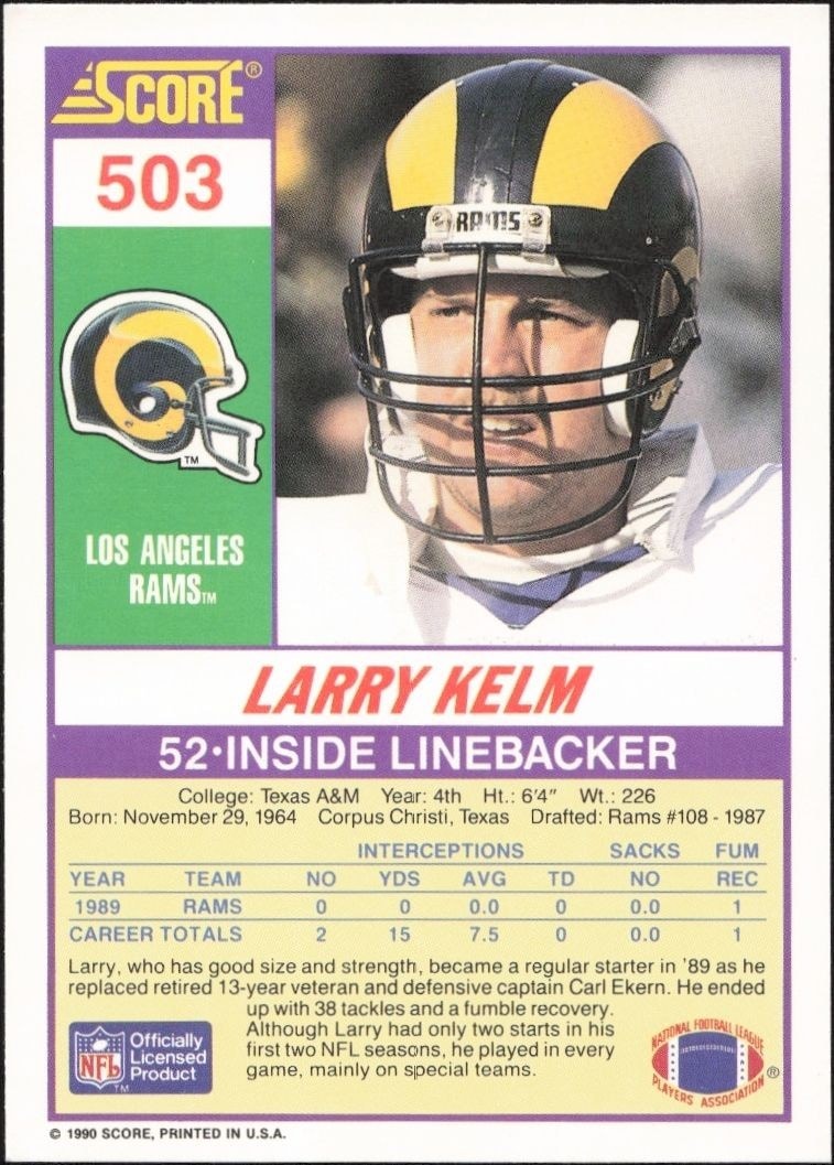 1990 Score Larry Kelm #503 football trading card back