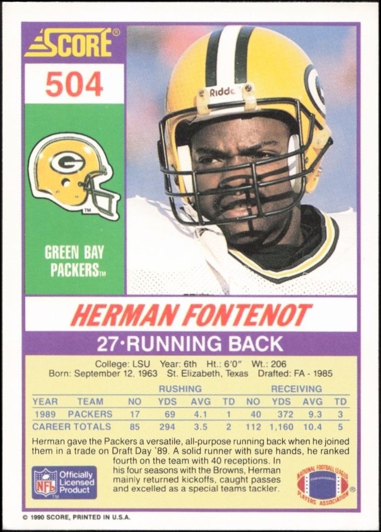 1990 Score Herman Fontenot #504 football trading card back
