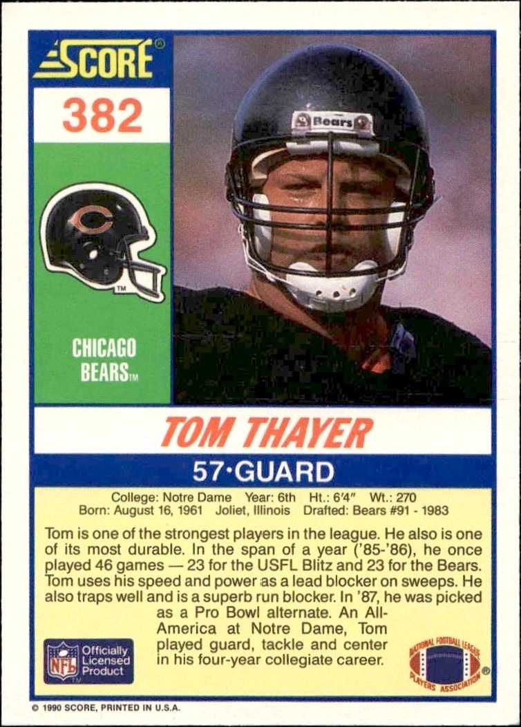 1990 Score Tom Thayer #382 football trading card back