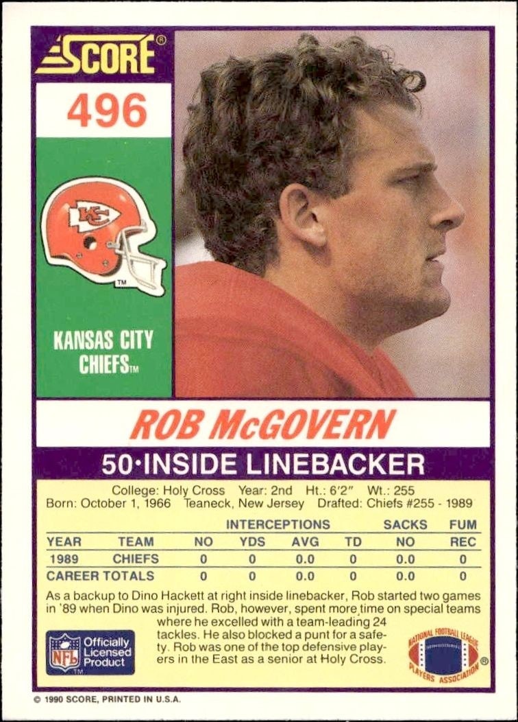 1990 Score Rob McGovern #496 football trading card back