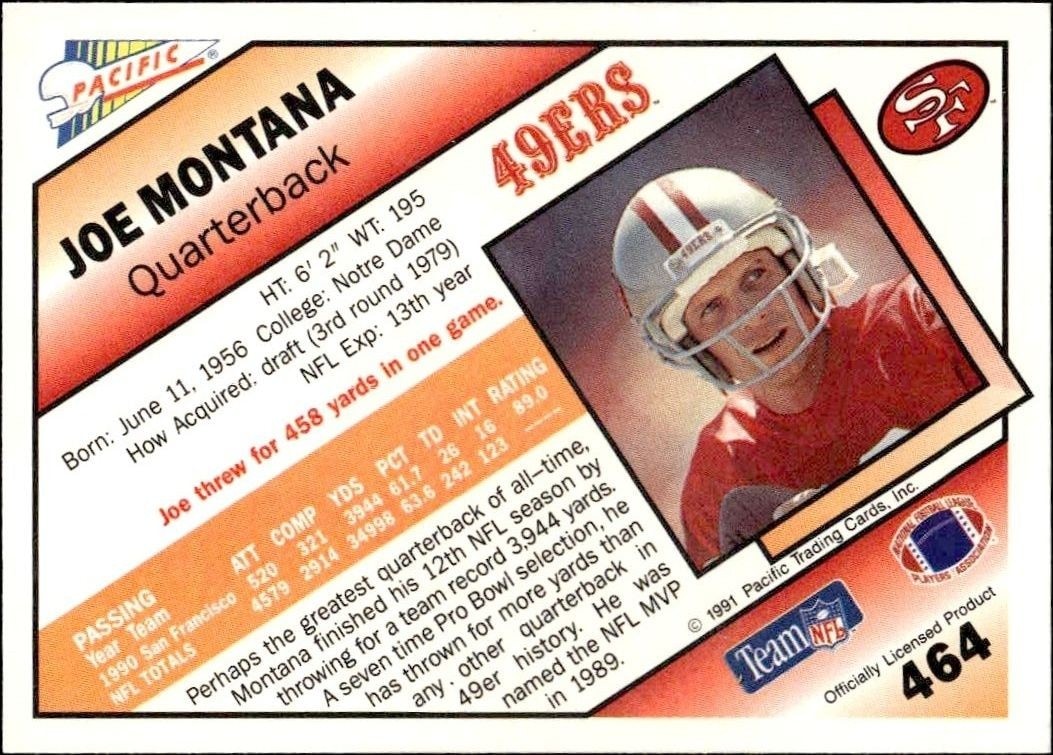 1991 Pacific Joe Montana #1 football trading card back