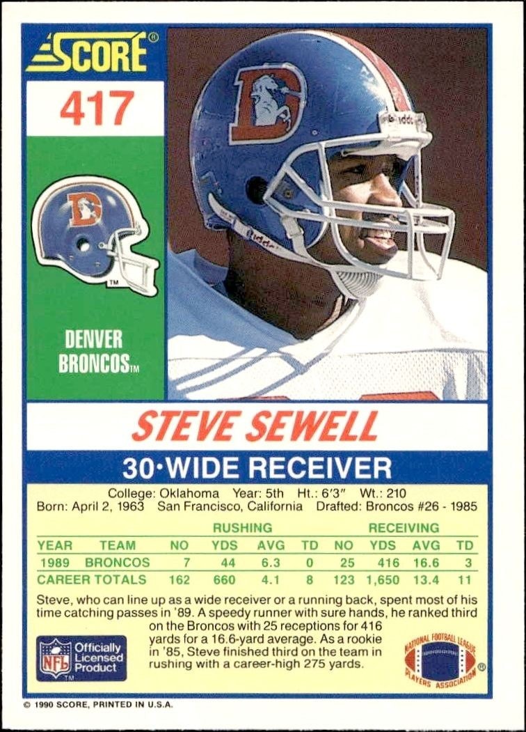 1990 Score Steve Sewell #417 football trading card back