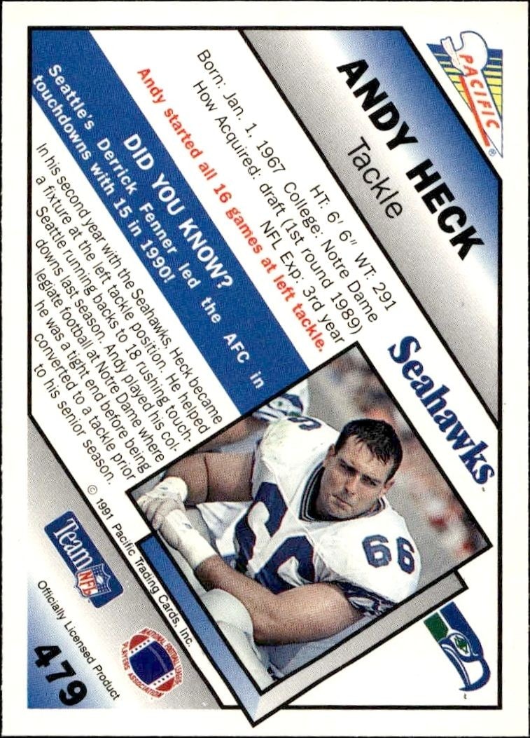 1994 Fleer Andy Heck #513 football trading card back