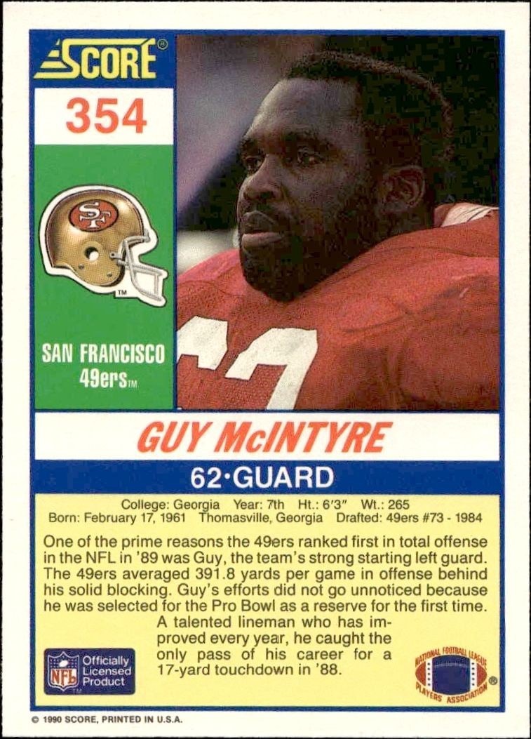 1990 Score Guy McIntyre #354 football trading card back