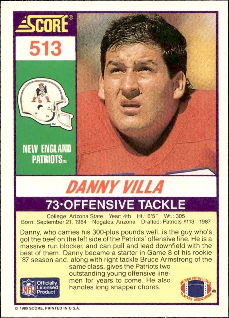 1990 Score Danny Villa #513 football trading card back