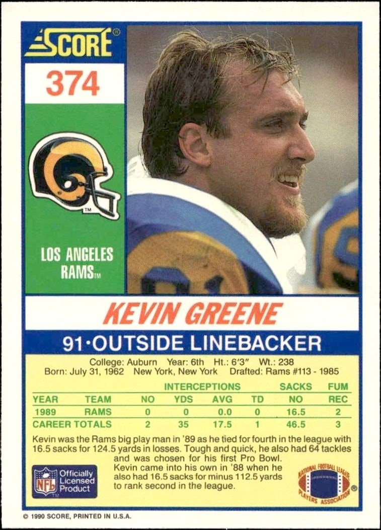 1990 Score Kevin Greene #374 football trading card back
