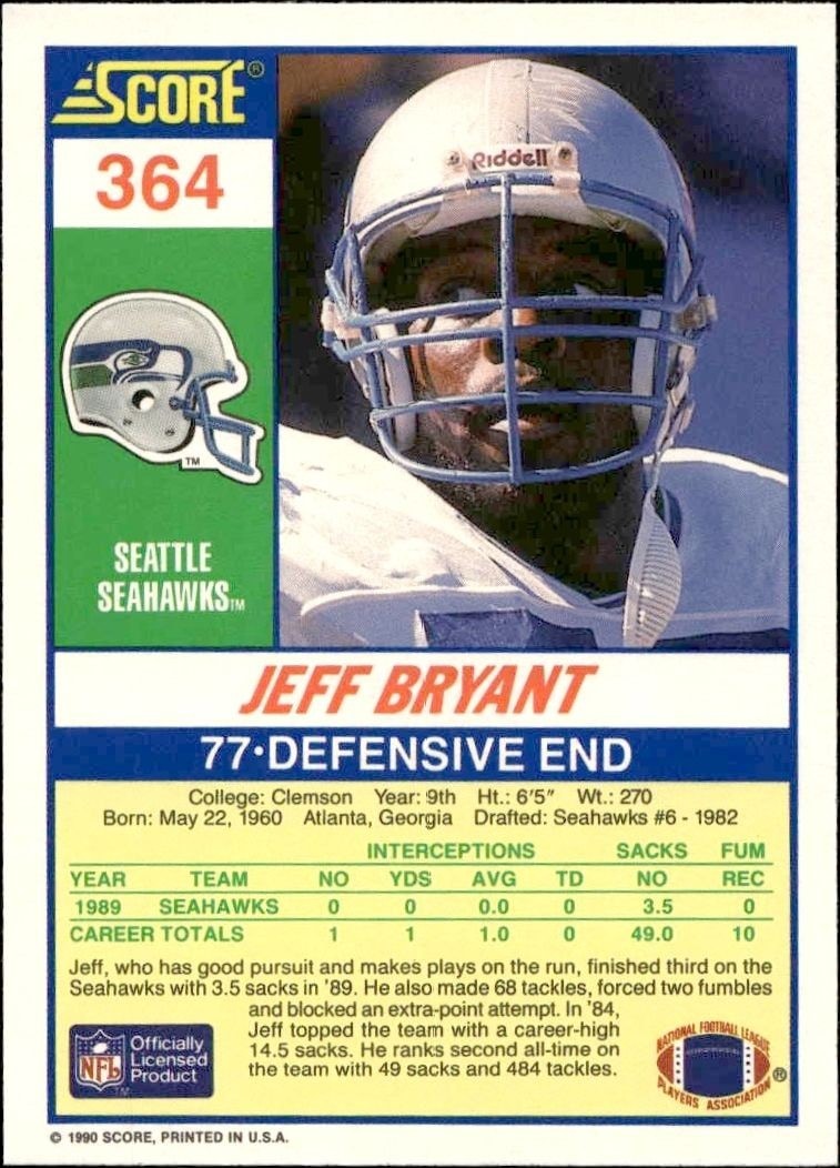 1990 Score Jeff Bryant #364 football trading card back