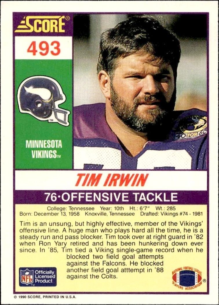 1990 Score Tim Irwin #493 football trading card back