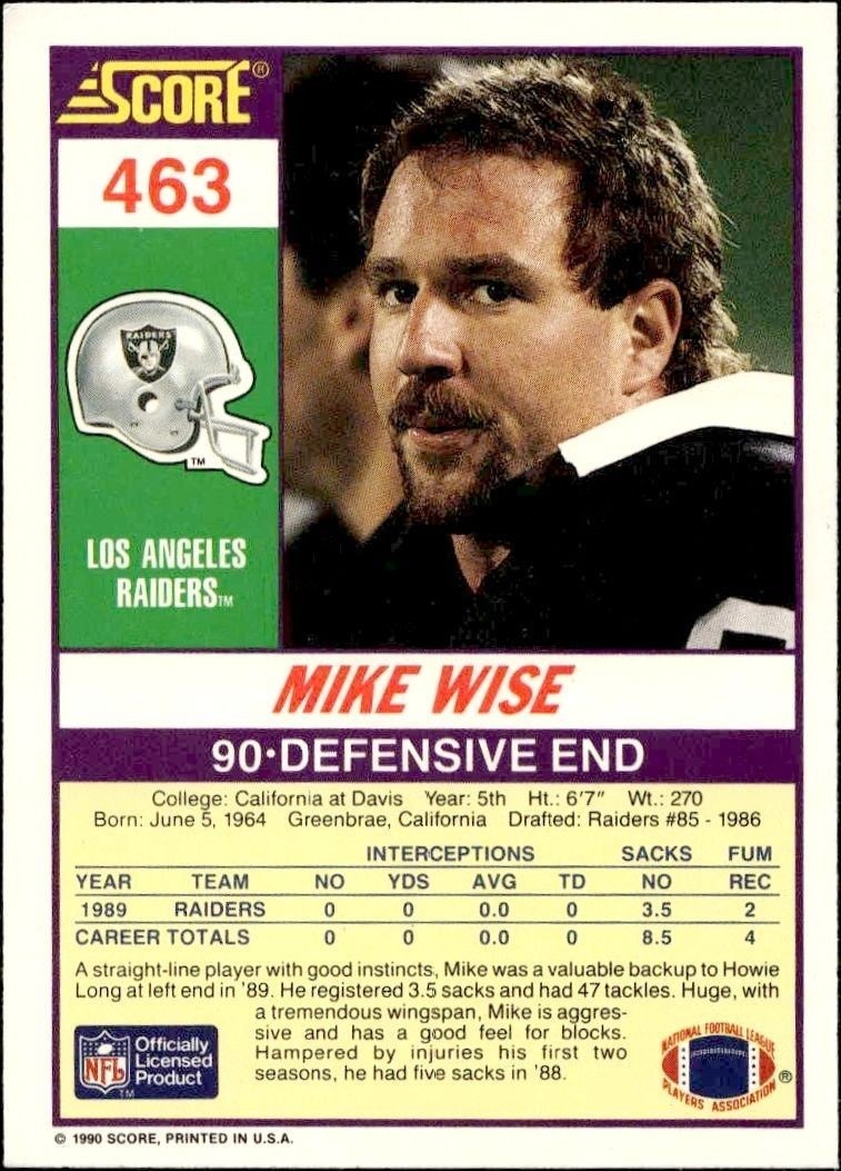 1990 Score Mike Wise #463 football trading card back