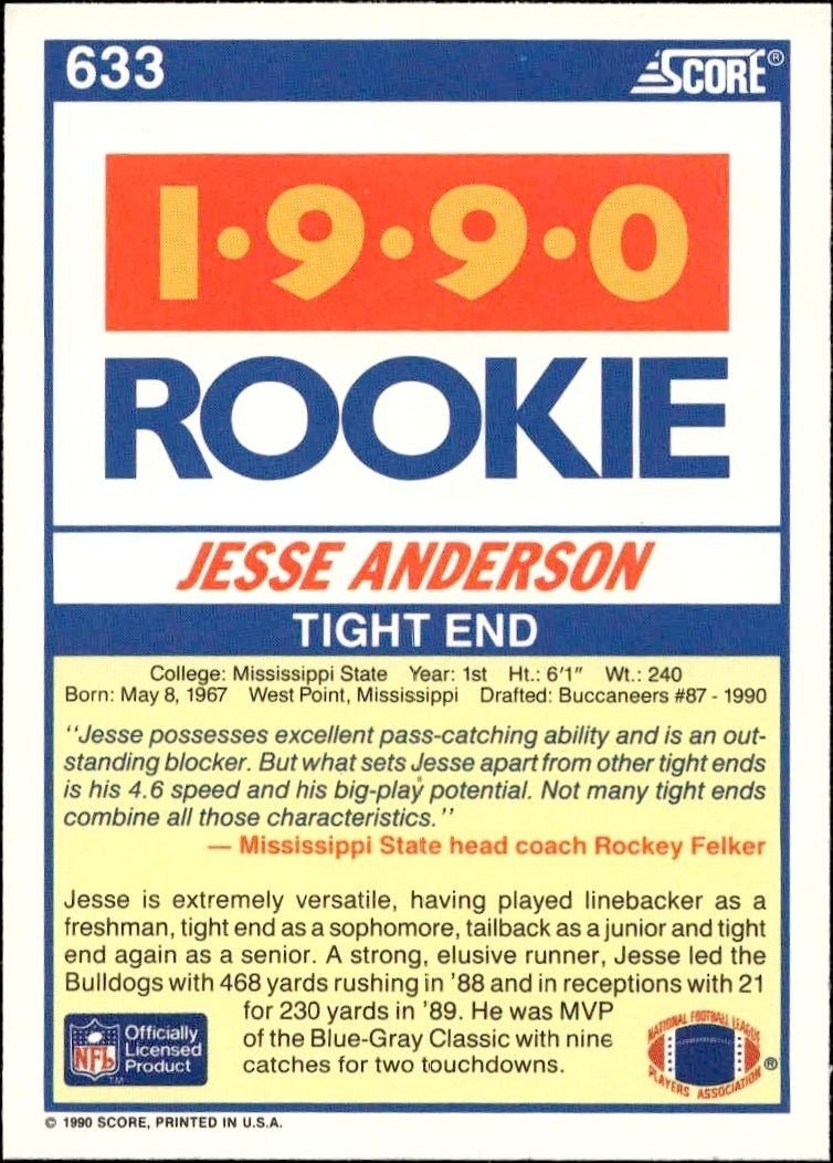 1990 Score Jesse Anderson #633 football trading card back
