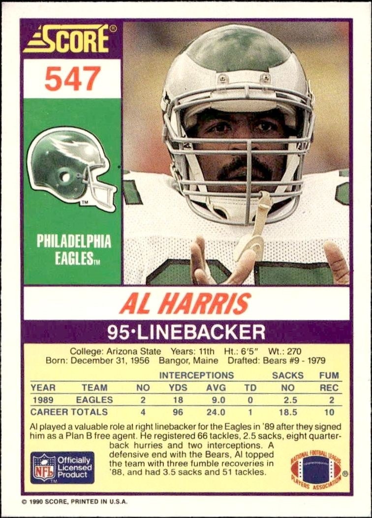 1990 Score Al Harris #547 football trading card back