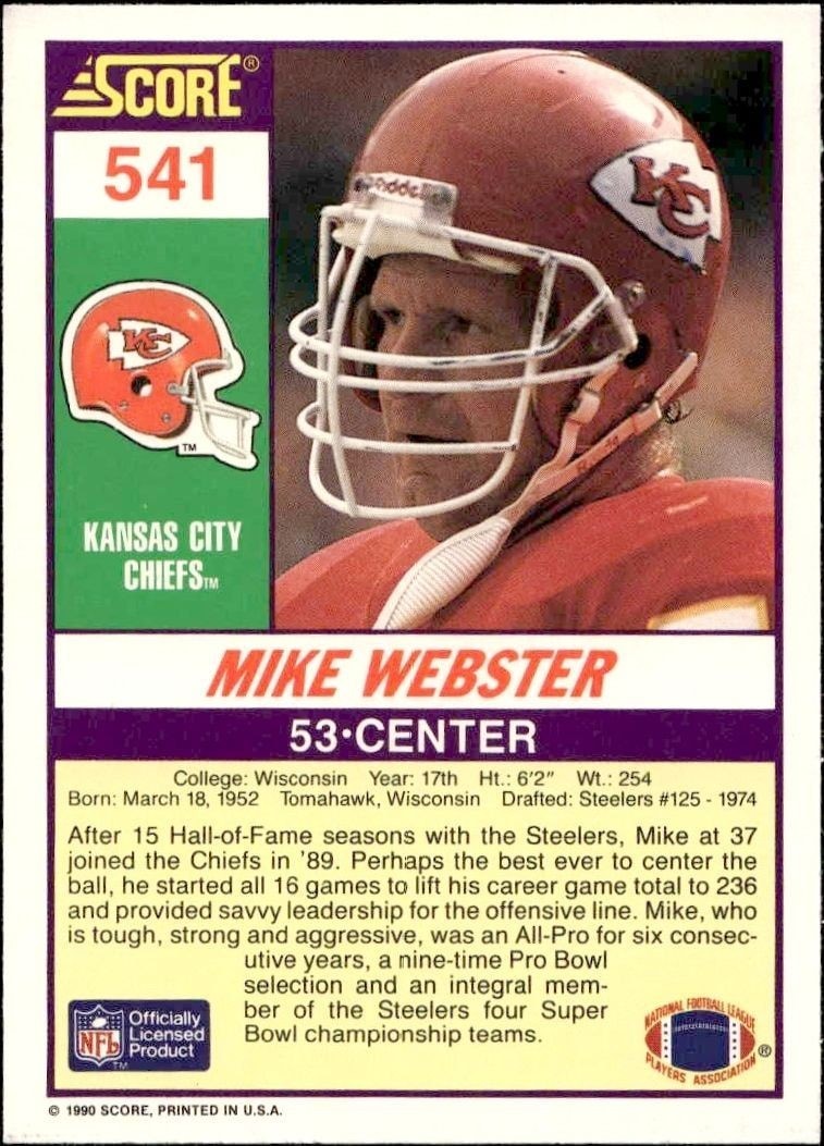 1990 Score Mike Webster #541 football trading card back