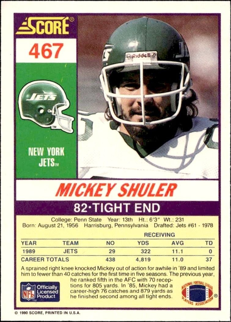 1990 Score Mickey Shuler #467 football trading card back