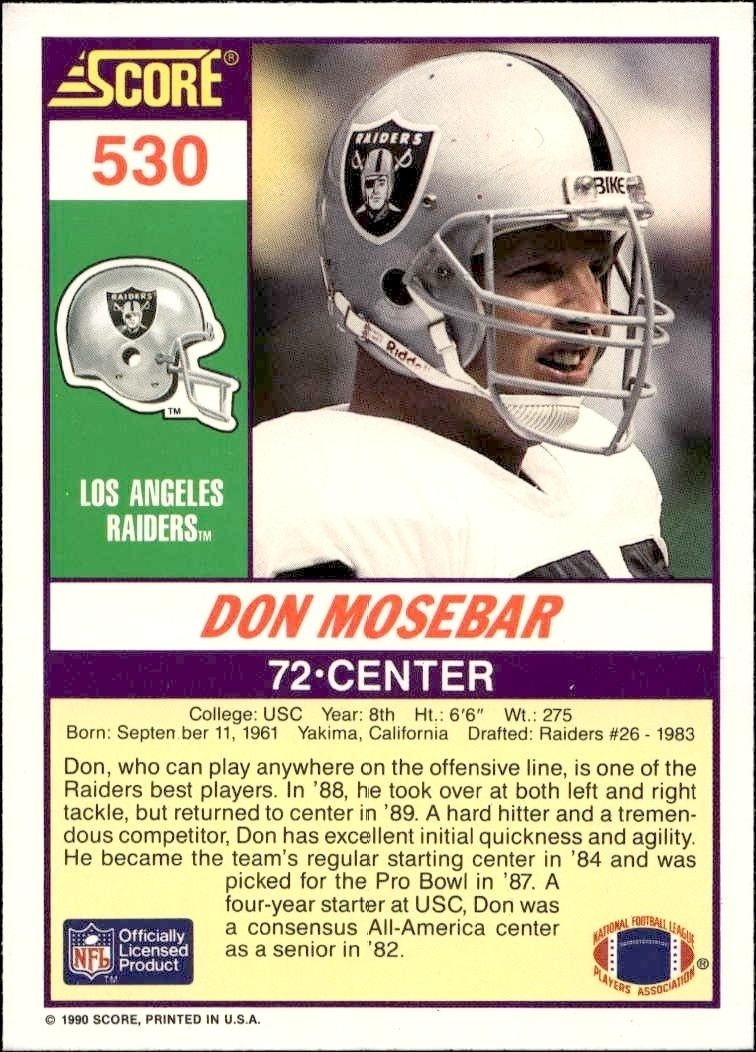 1990 Score Don Mosebar #530 football trading card back